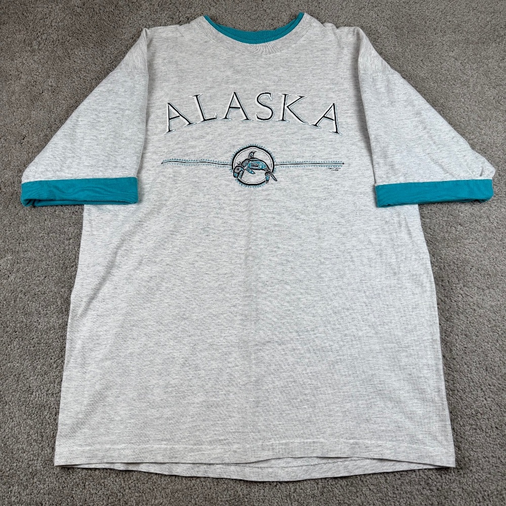 Vintage Alaska Made in USA T-Shirt Double Side Roll Up Sleeve Heather Grey XL
